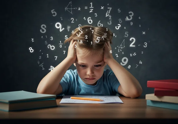 Child frustrated with math homework, surrounded by numbers