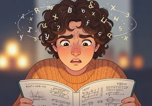 Student looking confused at math textbook