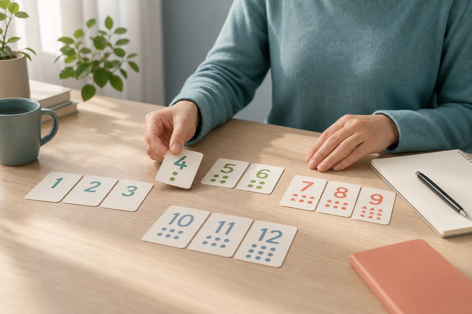 Person sorting number cards