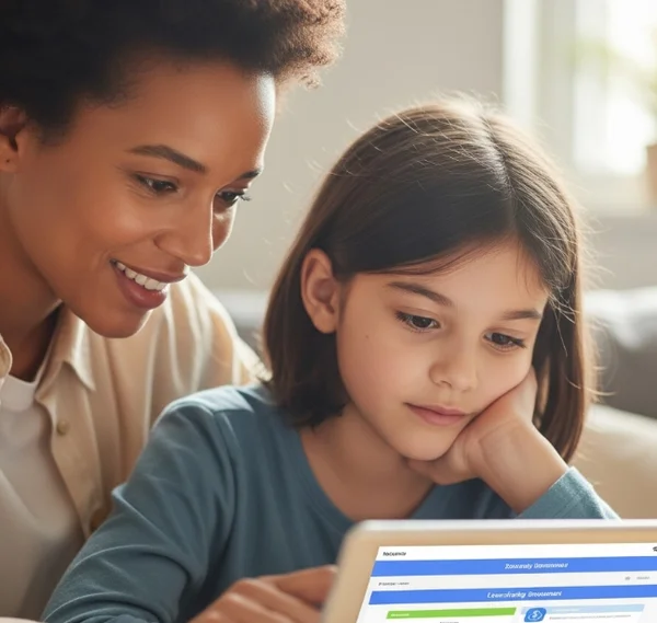 Adult supporting child with learning, dyscalculia signs.