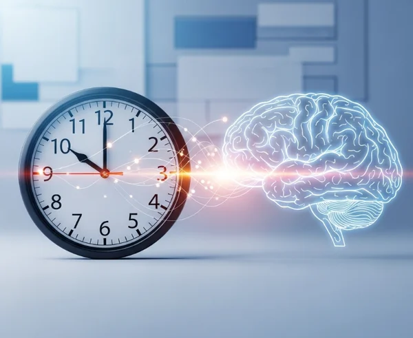 Analog clock stimulating brain cognitive benefits concept.