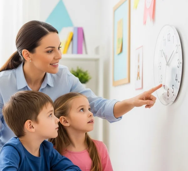 Teacher using analog clock to teach kids time in class.