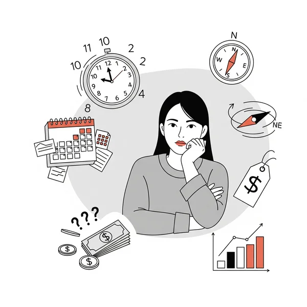 計算障害による日常生活の課題の概念を示すモンタージュ。