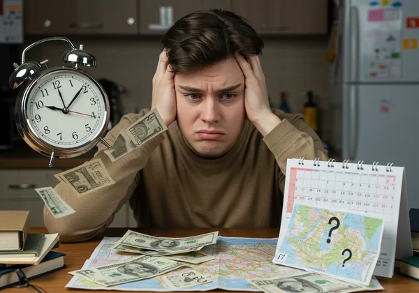 Person stressed by money and time management tasks.