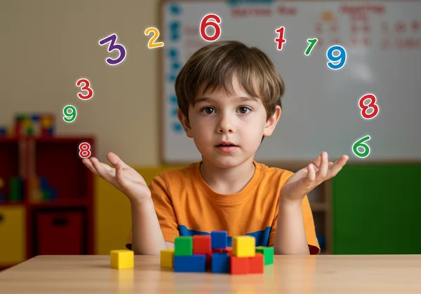 Niño pequeño luchando por contar objetos o comprender números