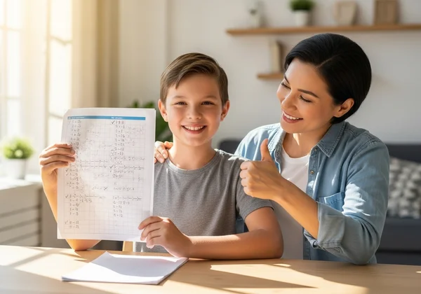 Enfant souriant avec ses parents, célébrant les progrès en mathématiques