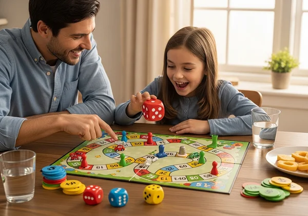 Famille jouant à un jeu de société, apprenant les mathématiques naturellement