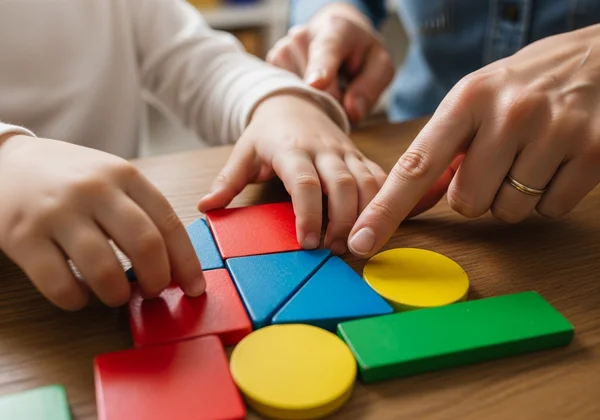 Enfant utilisant des objets à manipuler pour les mathématiques comme des blocs et du papier quadrillé
