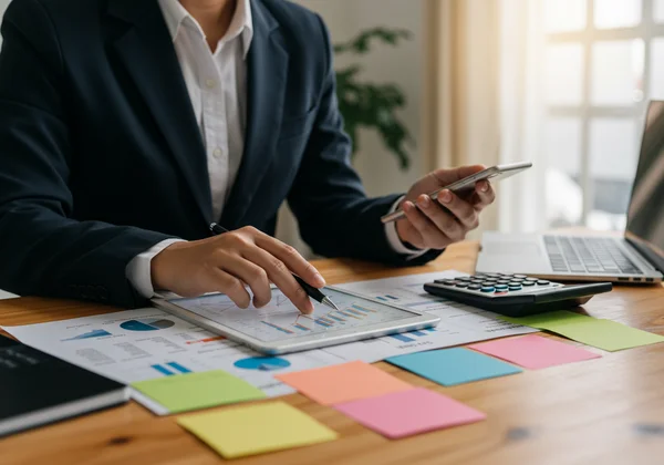 Person using technology and visuals to manage work tasks