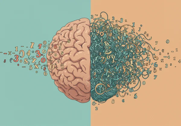 Abstract art of a brain with jumbled vs organized numbers.