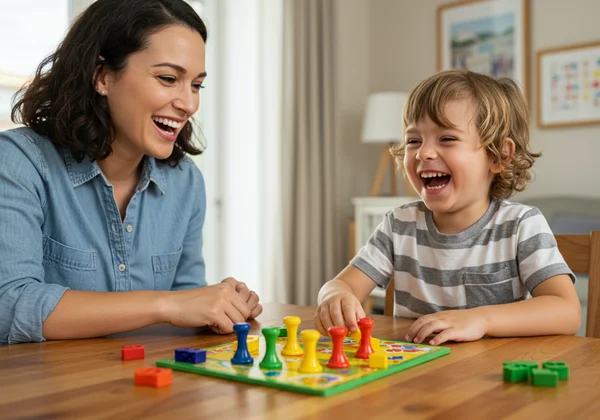 Parent and child playing a fun math board game together.
