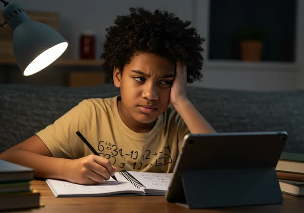 Child looking confused at math problems and an analog clock