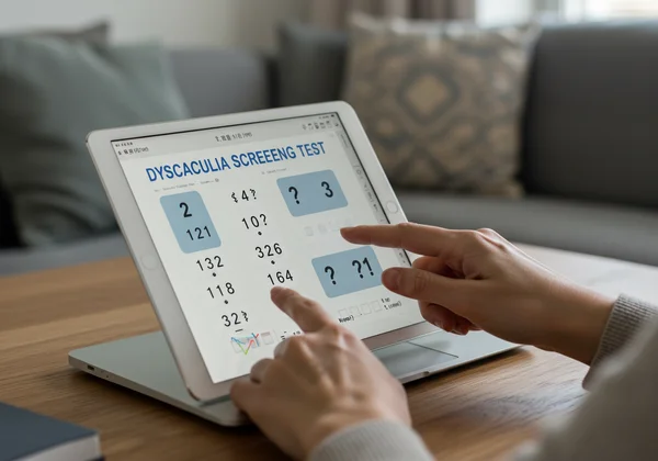 Person taking an online dyscalculia screening test on a tablet