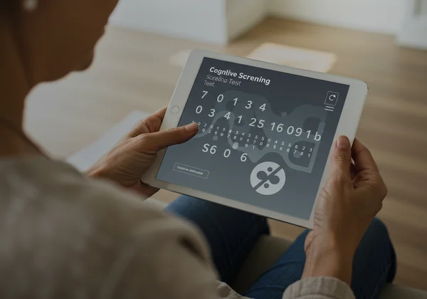 Person using a tablet for a dyscalculia screening test