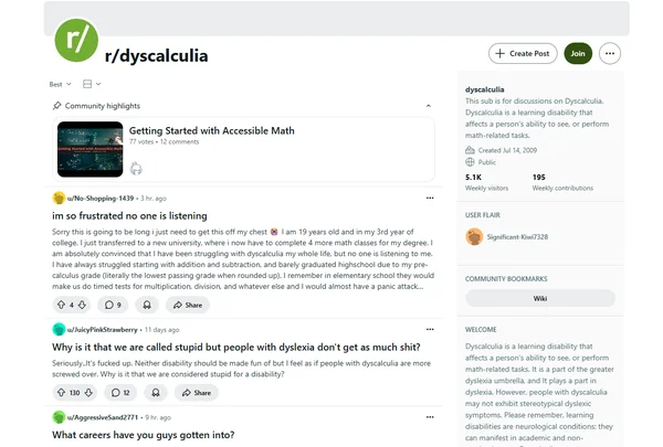 Reddit r/dyscalculia